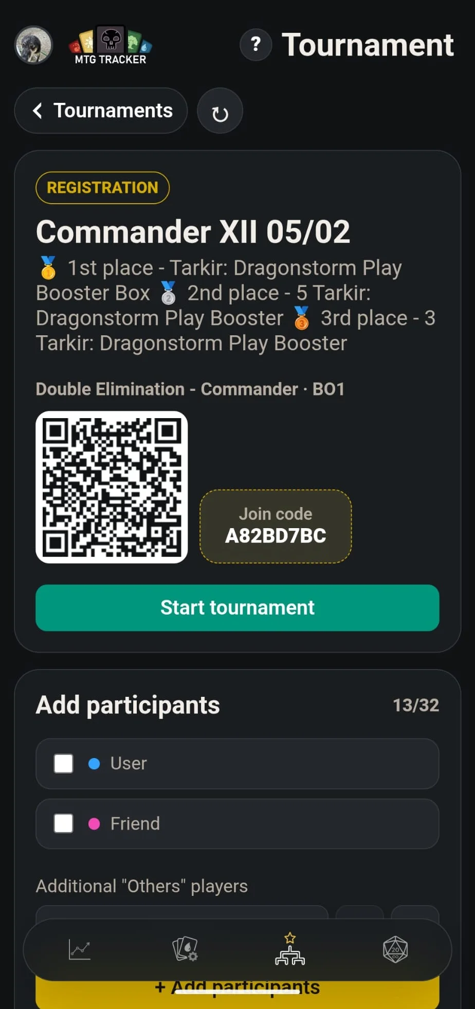 MTG Tracker dark tournament registration